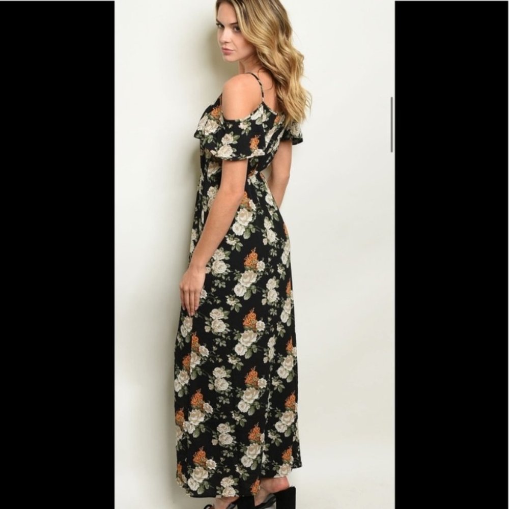 Cold shoulder spaghetti strap black floral dress